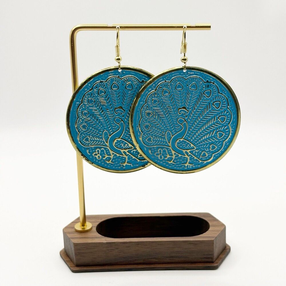 Peacock Dangle Pierced Earrings BOHO Artisan Festival Gold Tone Blue Etched